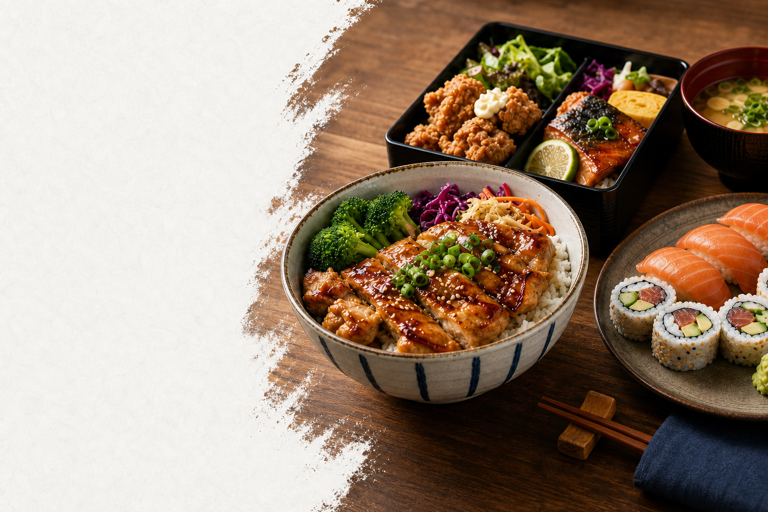Japanese rice bowl, bento, sushi and miso soup