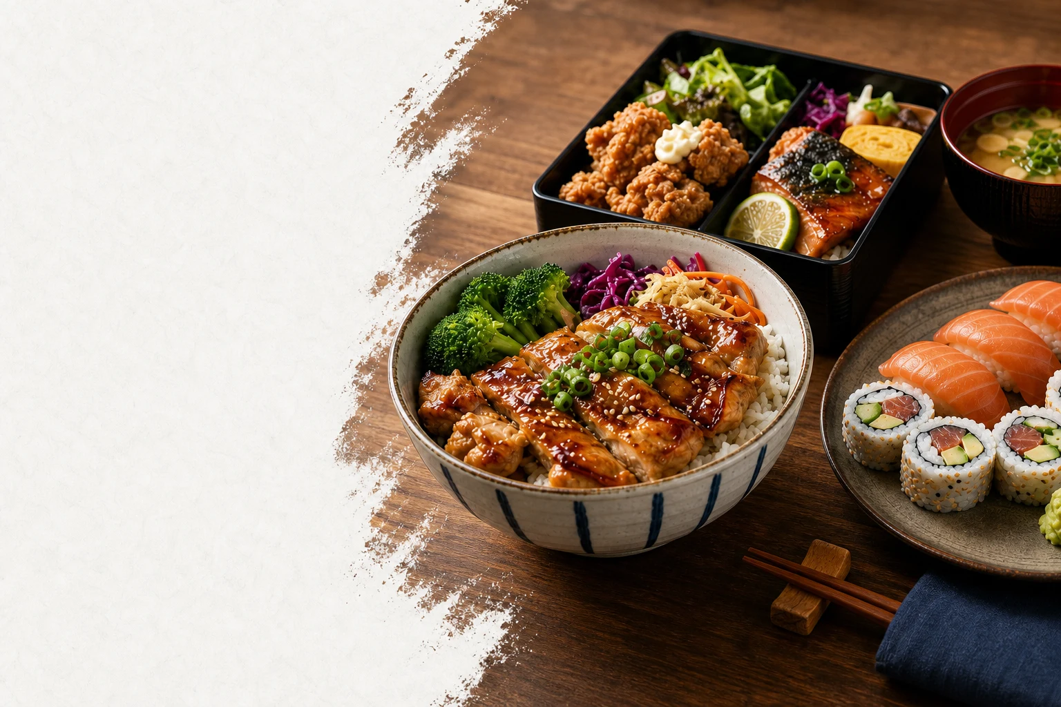 Japanese rice bowl, bento, sushi and miso soup